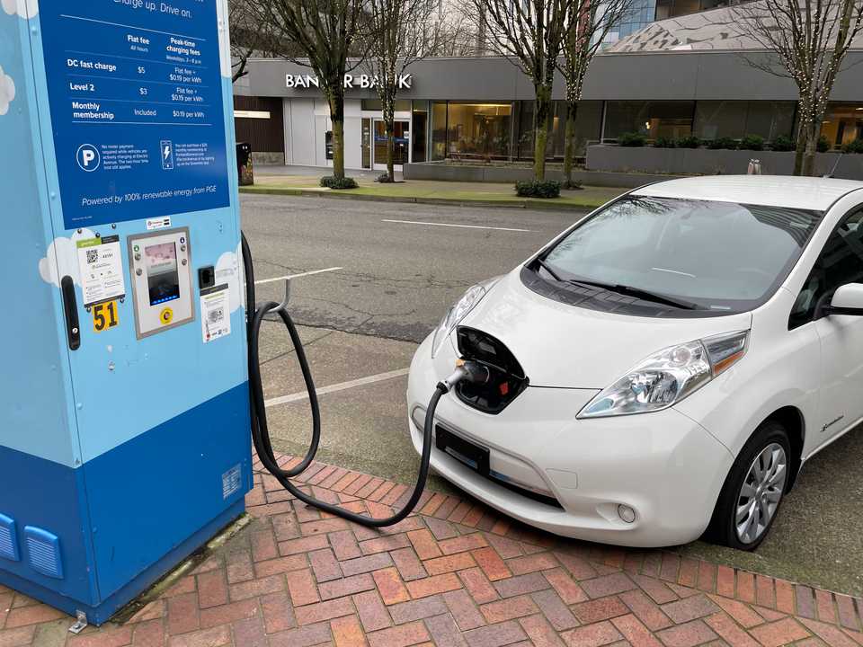 Charging the Leaf at Electric Avenue in Downtown Portland