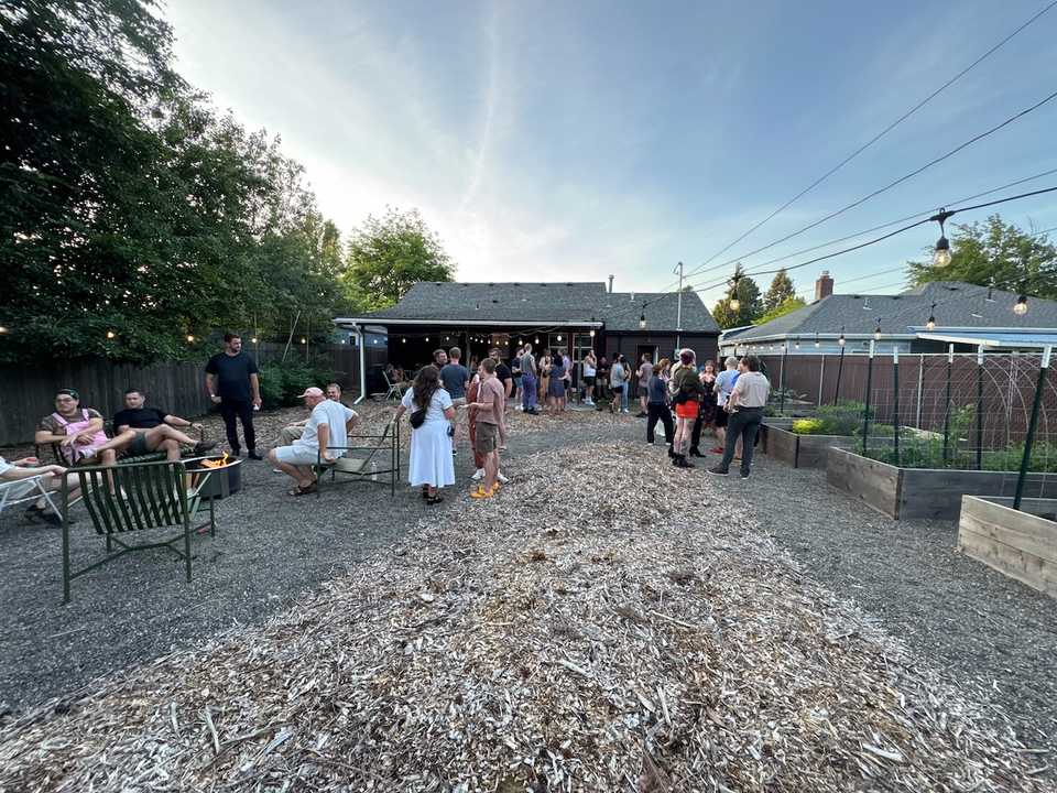 The backyard at the height of the bathroom reveal party