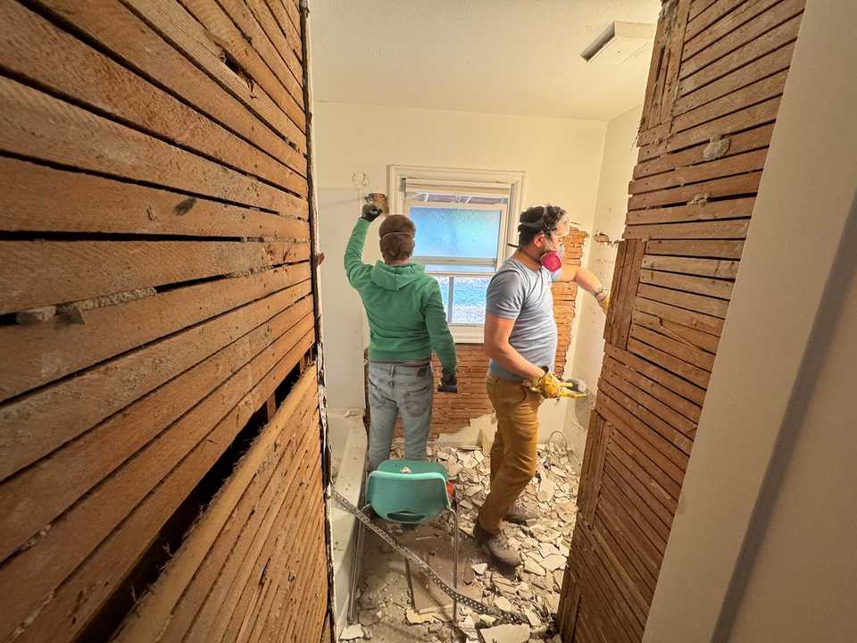 Cody and Charlie on the day we started demo in the bathroom