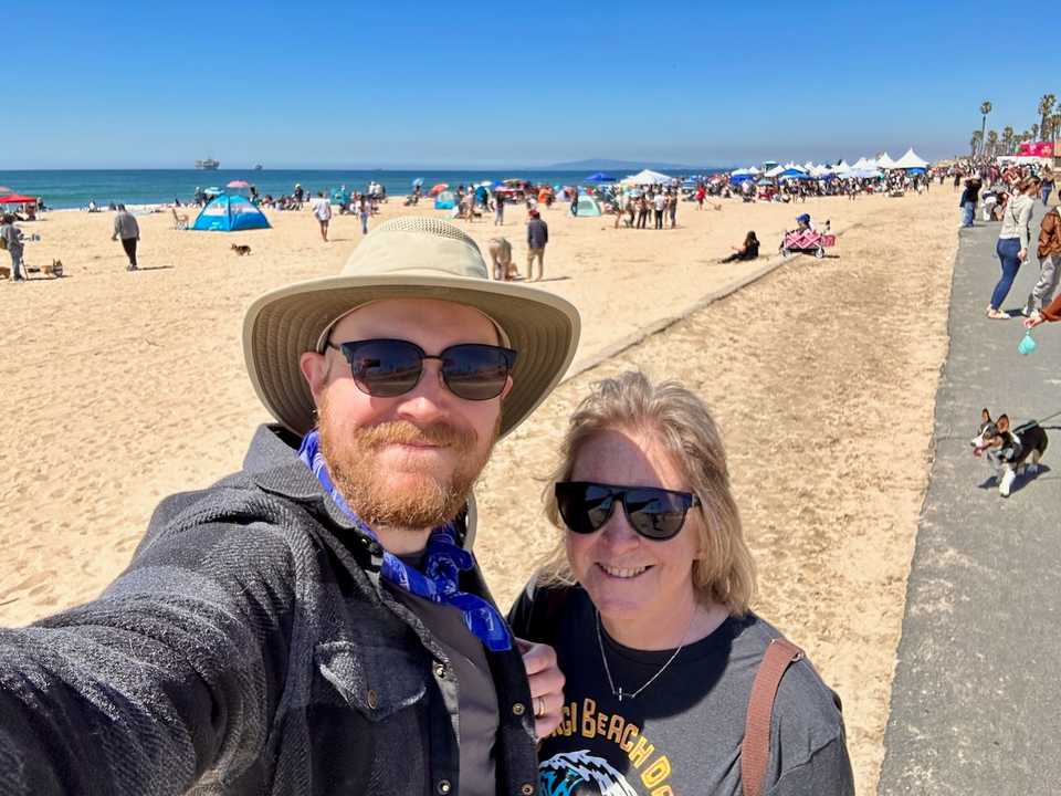 April: Me and Mom in Huntington Beach with a shit load of corgis