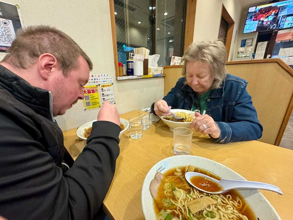 The first time Mom and James have ever had ramen. James rated it a 4/10