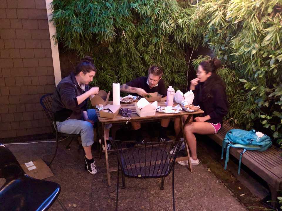 Outside dinner with Ruthanne, Kaya, and Daphne