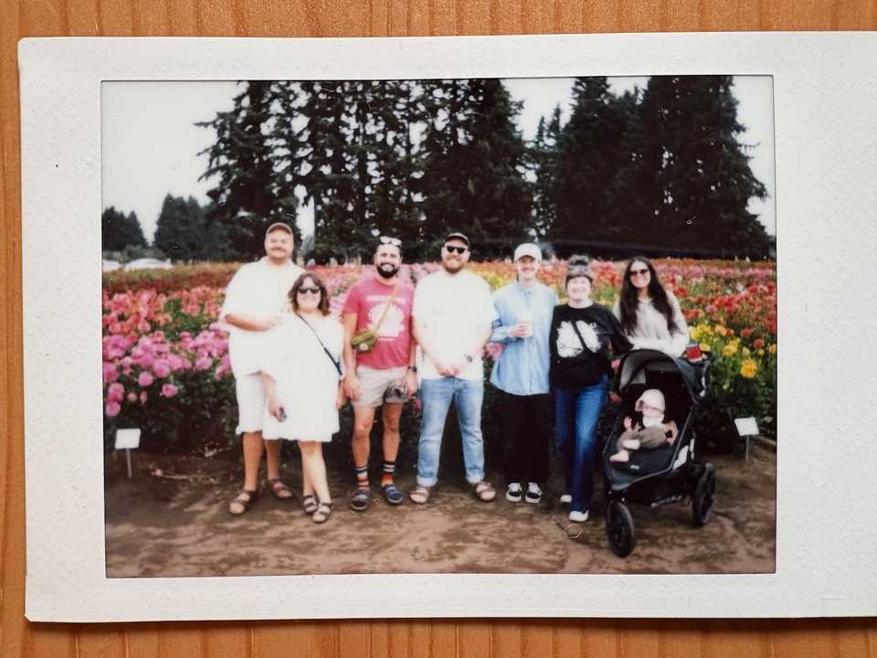 Instax print of the gang at Swan Islan Dahlia Farm
