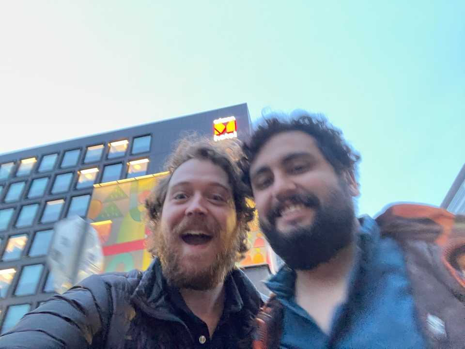 Shitty photo of us I took really fast outside of the hotel